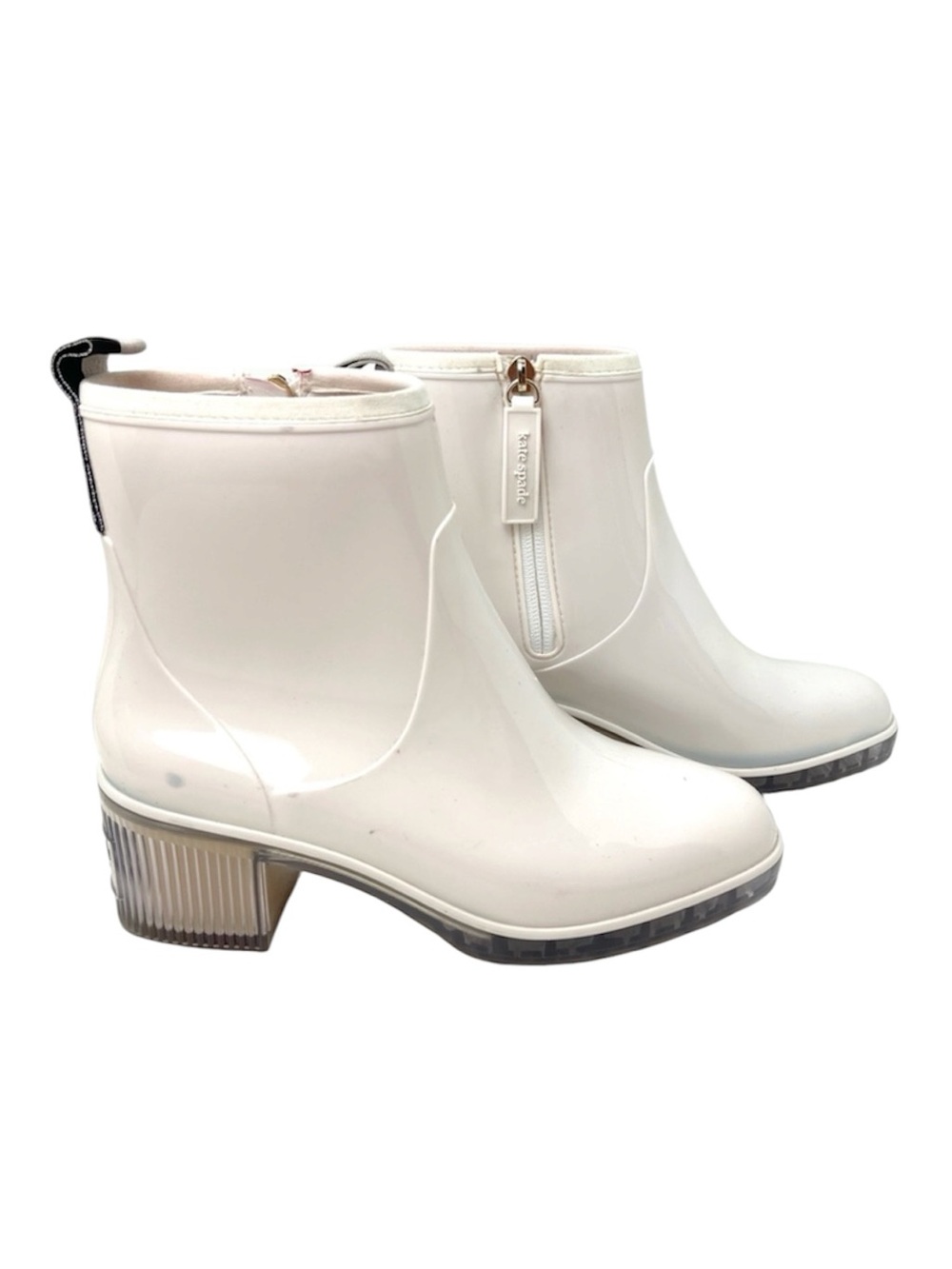 Kate Spade Puddle White PVC Rubber Water Resistant Block Heel Rain Boots